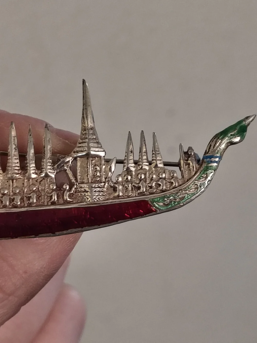 Vintage Siam Sterling Silver Thai Royal Dragon Boat Enamel Brooch Pin